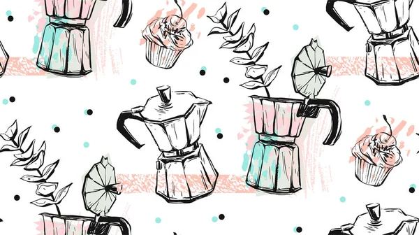 Hand made vector abstract textured seamless pattern of coffee concept with geyser coffee maker,cakes and flower brunch isolated on white background.Design for wrapping,fabric,business,shop,label,cafe.