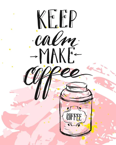 Fase de caligrafía manuscrita de tinta moderna vectorial hecha a mano Keep Calm Make Coffee con flechas aisladas sobre fondo pastel. Diseño para impresión, cafetería, negocios, decoración, tela de moda, póster, impresión . — Vector de stock