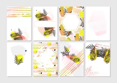 El vektör soyut grafik tarihi kaydetmek kabile tropikal egzotik Sevgililer günü kartları set koleksiyonu pastel renkler beyaz arka plan üzerinde izole yaptı. İş, tatil, dekorasyon için alışılmadık kartları