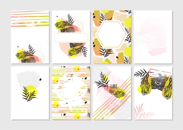 El vektör soyut grafik tarihi kaydetmek kabile tropikal egzotik Sevgililer günü kartları set koleksiyonu pastel renkler beyaz arka plan üzerinde izole yaptı. İş, tatil, dekorasyon için alışılmadık kartları