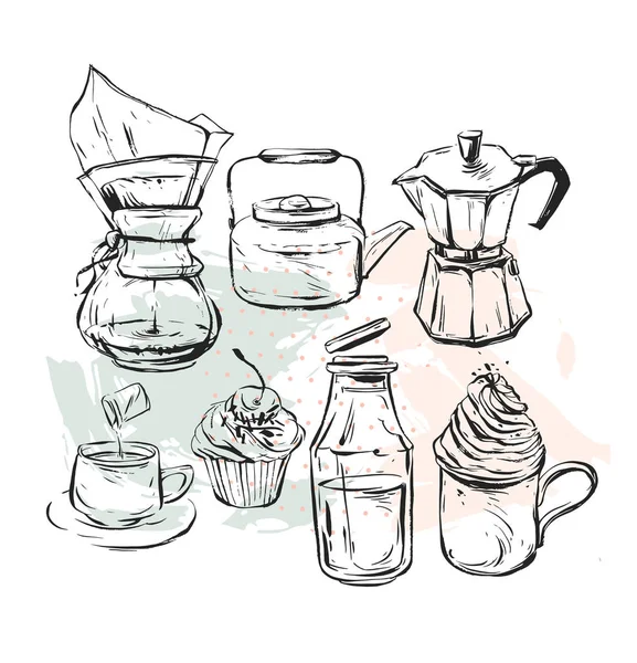 Hand dras vektorbild realistiska med kaffebryggare design element kaffe, Tekanna, mugg med vispad grädde glasflaska med mjölk, geyser kaffe och cupcakes isolerad på vit bakgrund — Stock vektor