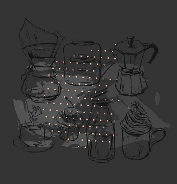 Set grafico vettoriale realistico disegnato a mano con elementi di design del caffè caffettiera, teiera, tazza con bottiglia di vetro panna montata con latte, caffè geyser e cupcake isolati su sfondo nero — Vettoriale Stock