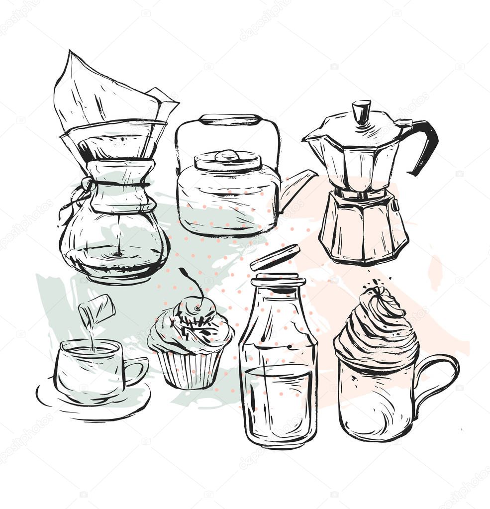 Hand drawn vector graphic realistic set with coffee design elements coffee maker,teapot,mug with whipped cream glass bottle with milk, geyser coffee and cupcakes isolated on white background