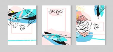 Elle çizilmiş vektör yaratıcı sıradışı bohemian düğün tarihi kartları şablon koleksiyonu pastel renklerde grafik Şakayık çiçekleri ile ayarla Kaydet soyut. Boho düğün, yıldönümü, doğum günü, yeni yıl eğlencesi daveti