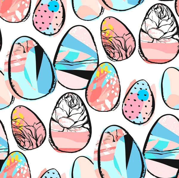 Hand drawn vector abstract creative universal Happy Easter seamless pattern design element with Easter eggs in pastel colors isolated on white background.Spring unusual graphic decoration — Stock Vector