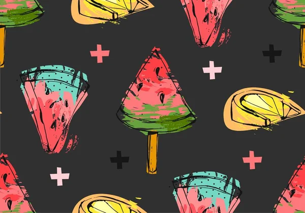 Hand getekende vector abstracte ongebruikelijke zomertijd naadloze patroon met watermeloen segment, icecream, citroen en kruisen geïsoleerd op zwarte achtergrond. Bruiloft, verjaardag, behalve de datum, mode fabric, journaling. — Stockvector