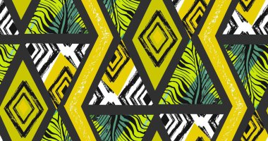Elle çizilmiş vektör soyut serbest seamless tropikal modeli kolaj zebra motifi, organik dokular, siyah arka plan üzerine izole üçgenleri ile dokulu. Düğün tarihi, doğum günü, moda dekor kaydetmek