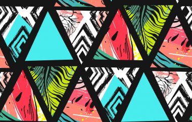 Elle çizilmiş vektör soyut yaz saati kolaj seamless modeli ile karpuz, Aztek ve tropikal hurma izole motifi bırakır. Olağandışı dekorasyon düğün, doğum günü, moda kumaş, için Tarih kaydetmek.