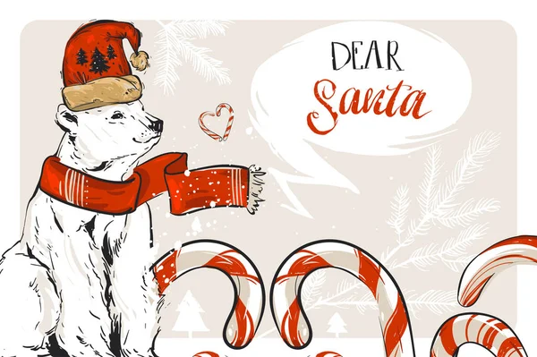 Gráfico vetorial desenhado à mão Feliz Natal salvar o cartão de decoração data saudação com bastões de doces e urso polar norte isolado no fundo pastel. Journaling, Aniversário, casamento concept.Unusual cartão —  Vetores de Stock