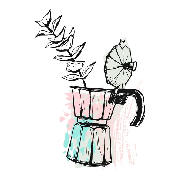 Illustration graphique vectorielle abstraite réalisée à la main avec cafetière geyser avec brunch aux couleurs pastel isolé sur fond blanc. Conception pour affiches, impressions, modèles de cartes, logos, signes, couches. — Image vectorielle