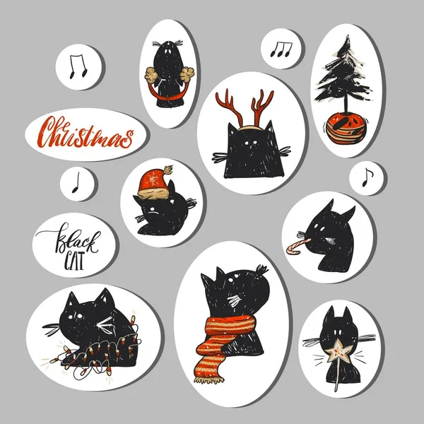 Collection d'autocollants de Noël abstraits vectoriels dessinés à la main sertis de personnages drôles de chats noirs gribouillés dans des vêtements de Noël rouges et un arbre de Noël en pot isolé sur du blanc. — Image vectorielle