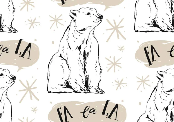 손으로 그린 추상 벡터 Merry Christmas seamless pattern with North Pole white polar bear, snowflakes and caroling isolated on white background. — 스톡 벡터