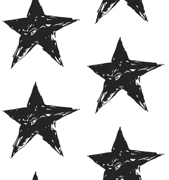 Modello astratto senza cuciture vettoriale disegnato a mano con stelle nere ruvide isolate su sfondo bianco.Design per avvolgere carta, tessuto di moda, riviste, decorazioni, saluti. — Vettoriale Stock