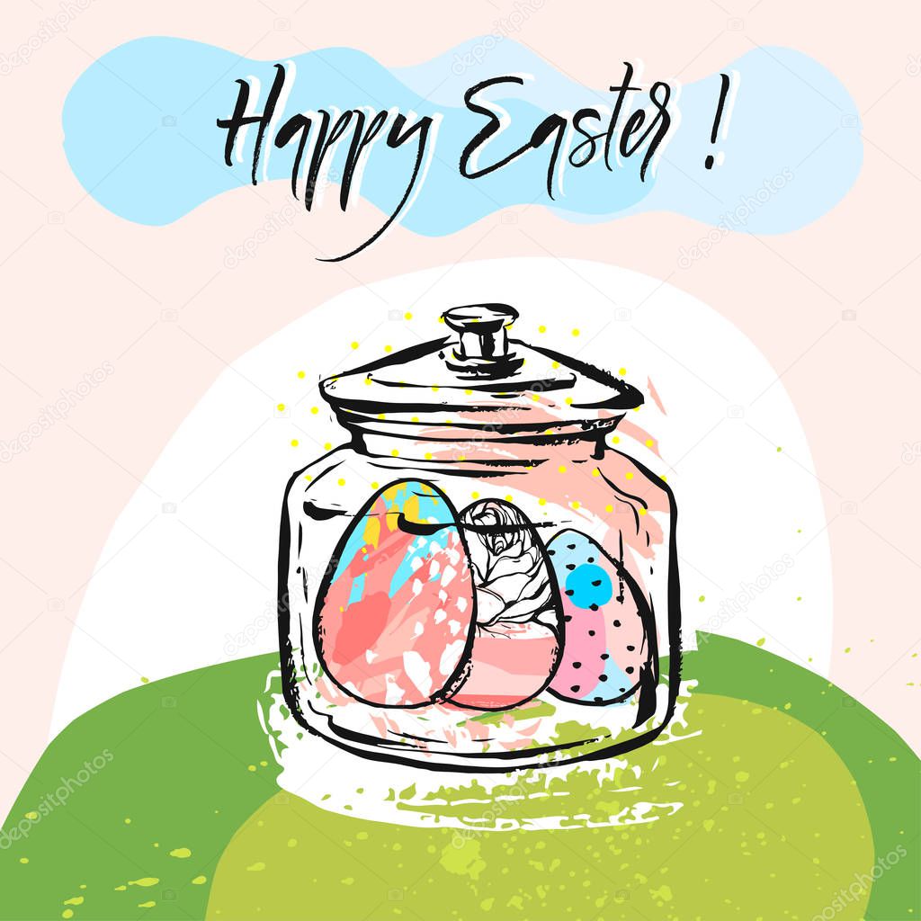 Hand drawn vector abstract creative Happy Easter greeting card design template with glass jar and Easter eggs on spring landscape background.Happy Easter Cartoon kids illustration.Easter hunt concept.