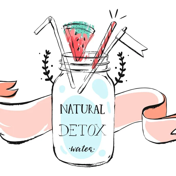 Ručně kreslenou vektorové abstraktní letního času limonádu hlavičku ilustrace láhev sklenice, watermellon, pásu karet a ručně psaný moderní kaligrafie Přírodní Detox vodou izolovaných na bílém pozadí — Stockový vektor