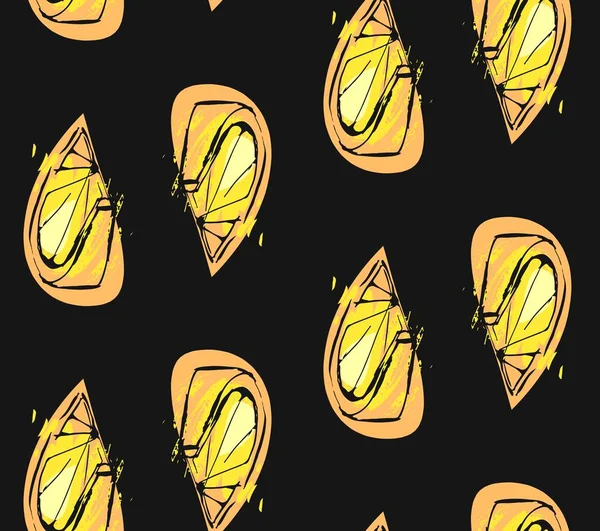Hand drawn vector abstract unusual summer time seamless pattern with lemon slice and freehand texture isolated on black background.Fashion,menu,journalling,logo,design,brand.