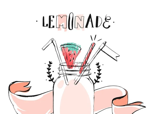 Handgezeichnet Vektor abstrakte Sommerzeit Limonade Header Illustration mit Glasflasche Glas, Wassermelone, Band und handgeschriebene moderne Kalligraphie Limonade Wort isoliert auf weißem Hintergrund. Zeichen, Logo. — Stockvektor