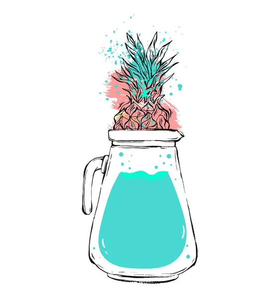Handgezeichnet Vektor abstrakte kreative einzigartige Sommerzeit Illustration mit Glaskaraffe mit blauem Detox-Wasser und Ananas isoliert auf weißem Hintergrund. Design für Bauernmarkt, Logo, Schild, Kochbuch. — Stockvektor