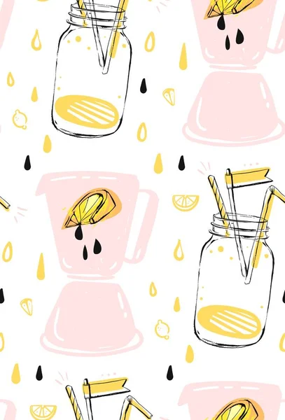 Mano dibujado vector abstracto creativo divertido verano patrón sin costuras con tarro de cristal de limonada, lima de limón, gotas de jugo y licuadora aislado en fondo blanco.Menú, etiqueta, logotipo, signo, mercado de agricultores . — Archivo Imágenes Vectoriales