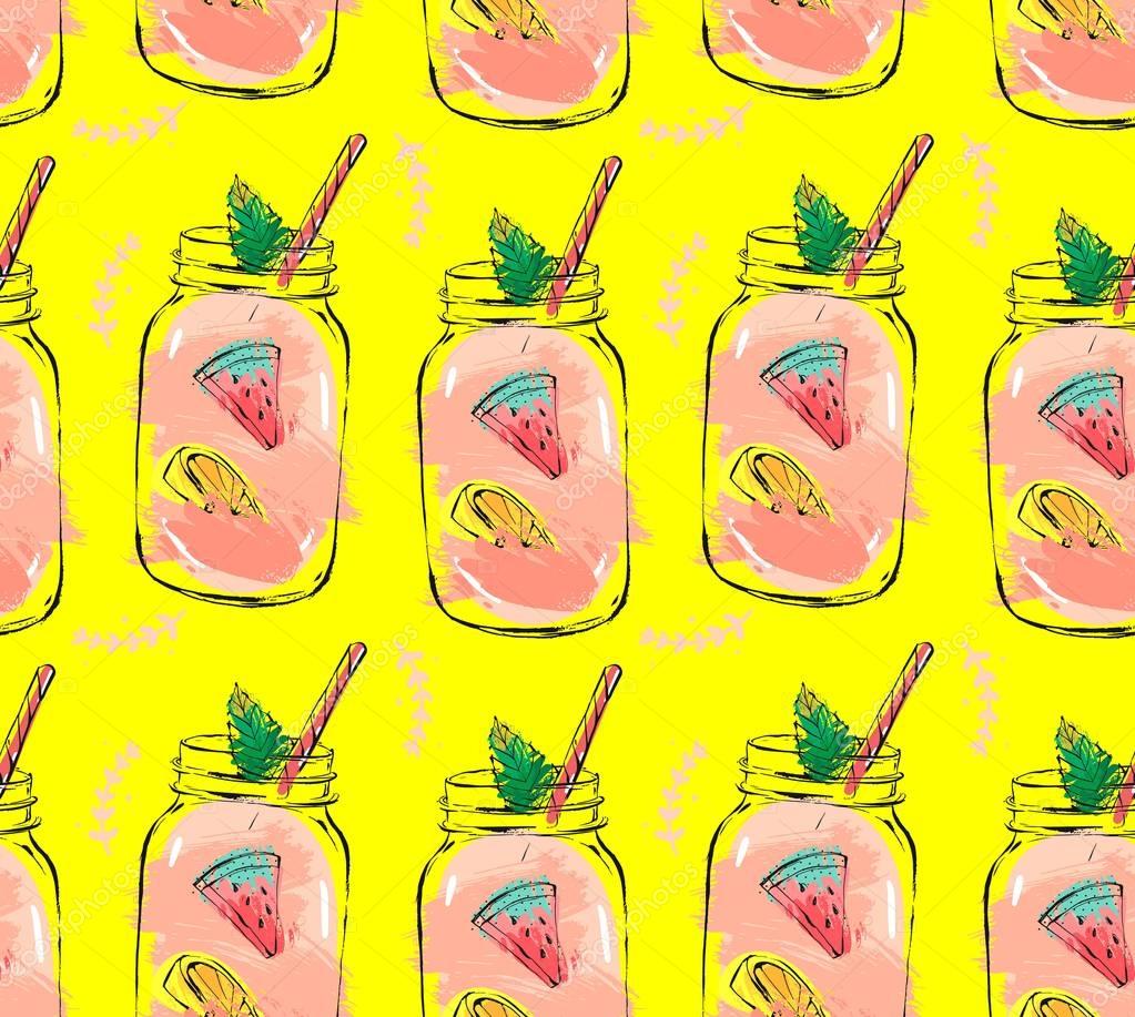 Hand drawn vector abstract summer time organic fresh fruits seamless pattern with cocktail in glass bottle jar,watermelon,lemon slice and mint leaves in rose pink colors isolated on yellow background.