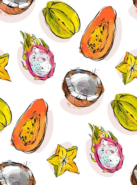 Handgezeichnete Vektor-abstrakte Freehand texturierte ungewöhnliche nahtlose Muster mit exotischen tropischen Früchten Papaya, Drachenfrucht, Kokosnuss und Karambola isoliert auf weißem Hintergrund. — Stockvektor
