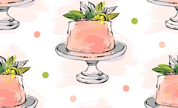 手描きの背景かわいい誕生日やレモン、葉と白い背景で隔離の水玉スタンド イラストをケーキで結婚式シームレス パターン。結婚式、誕生日、日付、装飾を保存 — ストックベクタ