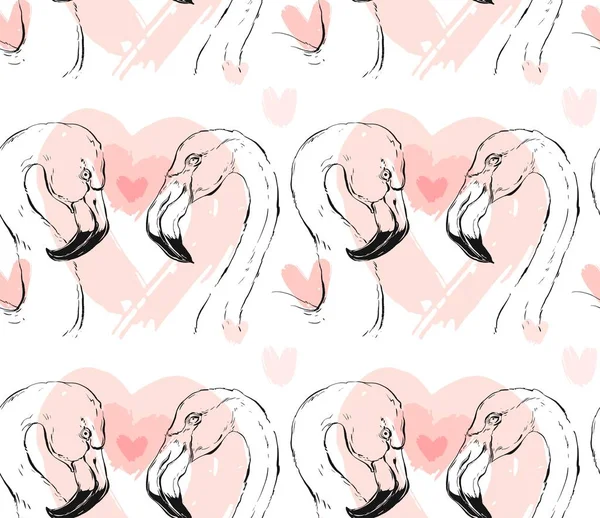 Mão desenhado vetor abstrato escova gráfica desenho flamingo casal sem costura padrão com corações em cores pastel rosa isolado no fundo branco.Romântico concept.Wedding, salvar a data, aniversário . —  Vetores de Stock