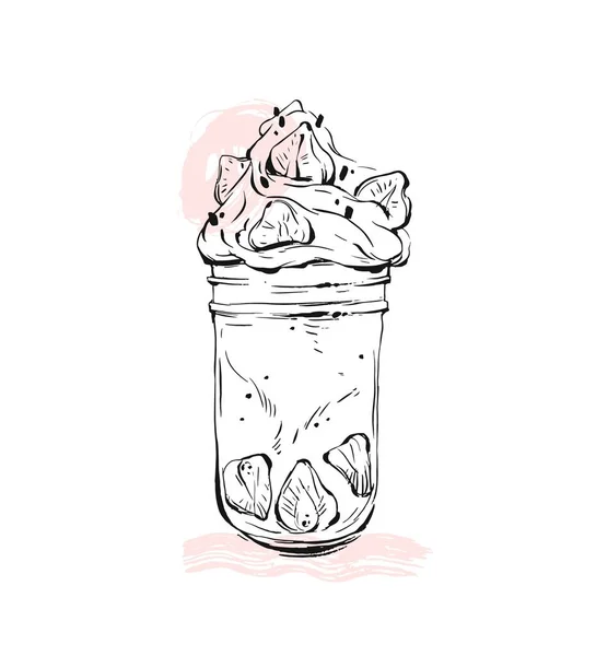 Gráfico vectorial dibujado a mano Monstershake Milkshake con fresa y crema en tarro de vidrio aislado sobre fondo blanco con texturas a mano alzada de color pastel — Vector de stock