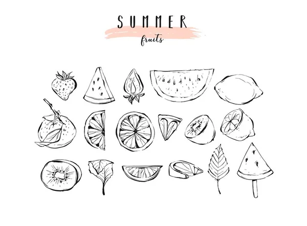 Vetor desenhado à mão gráfico de verão frutas ícones ilustração coleção conjunto com morango, melancia, laranja, kiwi, limão e hortelã folhas isoladas em fundo branco.Livro de cozinha, logotipo, menu agricultores orgânicos . —  Vetores de Stock