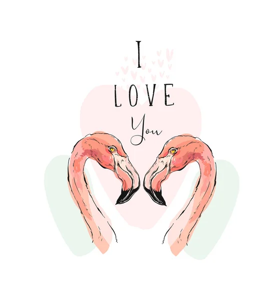 Hand dras abstrakt tropiska romantiska vektorillustration med par två rosa flamingos och moderna kalligrafi citat jag älskar du isolerat på vit bakgrund — Stock vektor
