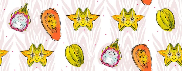 Ручной рисунок вектор абстрактной свободной текстуры необычный бесшовный узор с экзотическими тропическими фруктами папайя, дракон фрукты, кокос, карамбола и пальмовые листья на белом фоне . — стоковый вектор