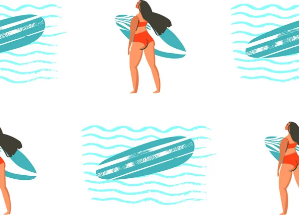 Surfen illustratie in vector. Meisje surfers in bikini naadloze patroon in vector. — Stockvector