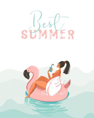 Mavi okyanus dalgalarında yüzen pembe flamingo üzerinde yüzen bir kızın olduğu el çizimi eğlenceli yaz zamanı illüstrasyon kartı modern kaligrafi ile en iyi yaz beyaz arka planda izole edilmiş.