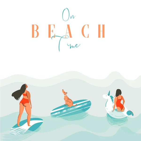 Χέρι αφηρημένη εξωτικά θερινή ώρα αστεία εικονογράφηση φορέα με κορίτσια surfer, μονόκερος float, σανίδα του σερφ και σκύλο σε μπλε κύματα του Ωκεανού με σύγχρονη καλλιγραφία παραλία εγκαίρως — Διανυσματικό Αρχείο