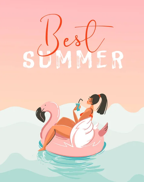 Hand getekende vector abstracte plezier zomertijd afbeelding kaart met meisje zwemmen op roze flamingo float cirkel in blauwe oceaan golven met moderne kalligrafie Beste zomer — Stockvector
