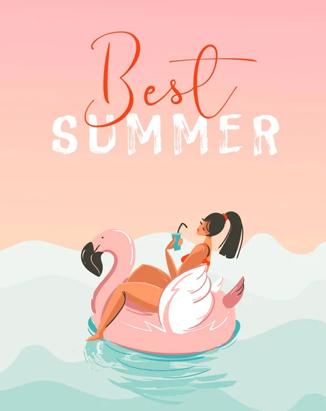 Çizilmiş vektör soyut eğlenceli el yaz saati illüstrasyon kart mavi okyanus dalgaları ile modern hat en iyi yaz çemberde pembe flamingo float Yüzme kızla