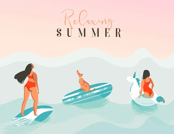 서퍼 여자, 유니콘 float, 서핑 보드와 개 현대 서 예 편안한 여름 푸른 바다 파도에 일몰 보고 손으로 그린 벡터 추상 이국적인 여름 시간 재미 있는 그림 — 스톡 벡터