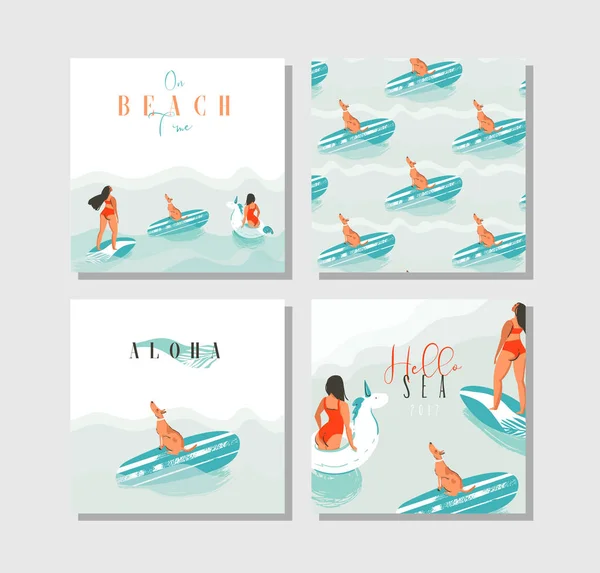 Mão desenhado vetor abstrato exótico horário de verão cartões engraçados definir modelo de coleção com meninas surfistas, unicórnio flutuar, prancha de surf e cão em ondas azuis do oceano água — Vetor de Stock