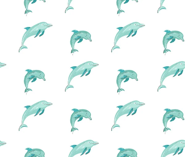 Hand dras vektor tecknad sommar tid sömlös mönster med hoppande delfiner i blå färger isolerad på vit bakgrund — Stock vektor