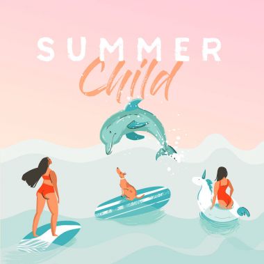 El çizimi vektör soyut yaz zamanı komik illüstrasyon posteri beyaz tek boynuzlu at yüzer dairesindeki sörfçü kızlar, mavi okyanus dalgaları dokusunda köpekli bikini ve modern kaligrafi Summer Child 'dan alıntı