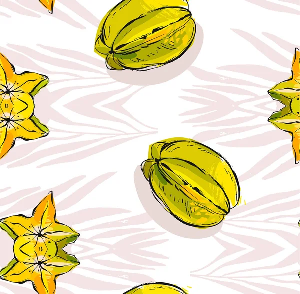 Handgezeichnet Vektor abstrakte ungewöhnliche nahtlose Muster mit exotischen tropischen Früchten Karambola isoliert auf weißem Hintergrund — Stockvektor