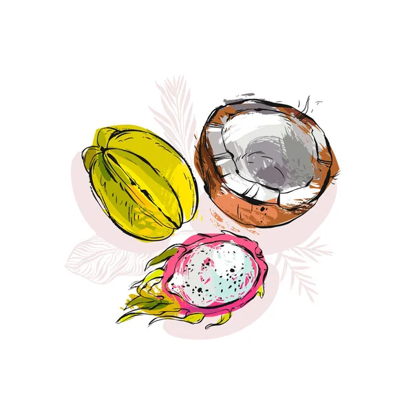 Handgezeichnete Vektor abstrakte künstlerische ungewöhnliche tropische Komposition mit exotischen Früchten Kokosnuss, Papaya, Karambola, Drachenfrüchten und Palmenblättern isoliert auf weißem Hintergrund — Stockvektor