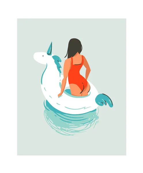 Handgezeichnet Vektor abstrakt niedlich Sommerzeit Spaß Strand junge Mädchen Illustration mit Einhorn Schwimmbad schwimmen Gummiring im Wasser isoliert auf blauem Hintergrund — Stockvektor