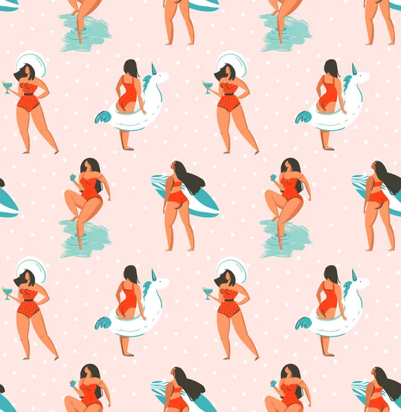 Handgetekende vector abstract leuk zomer tijd illustratie naadloos patroon met groep meisjes, surfplanken en eenhoorn drijft cirkels op pastel polka stippen textuur achtergrond — Stockvector