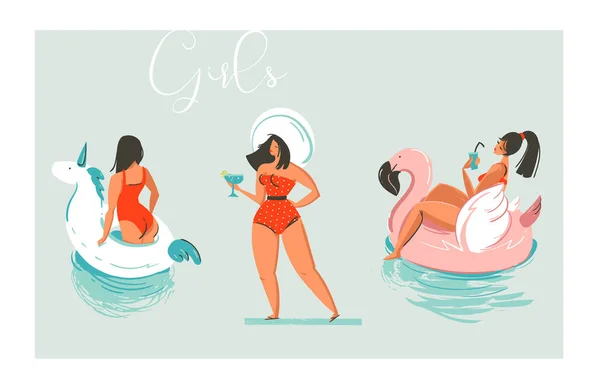 Dibujado a mano vector de dibujos animados verano diversión playa niñas colección ilustración conjunto con piscina flotador unicornio y anillos de flamenco y chica retro en sombrero con cóctel aislado sobre fondo azul — Vector de stock