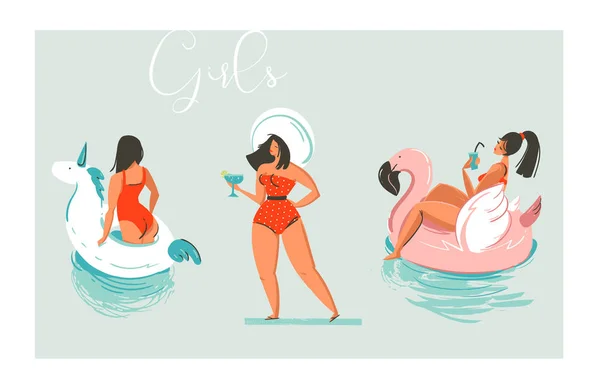 Desenhado à mão vetor desenho animado verão tempo divertido praia meninas coleção ilustração conjunto com piscina flutuar unicórnio e anéis flamingo e menina retro em chapéu com coquetel isolado no fundo azul —  Vetores de Stock