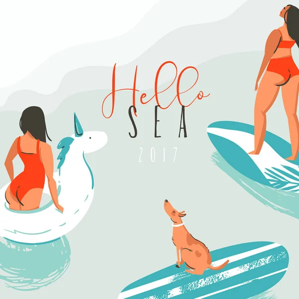 Handgetekende vector abstract leuk zomer illustratie kaart met surfer meisjes, zwemmen eenhoorn cirkel, schattige hond op surfplank en moderne typografie citaat Hello Sea 2017 geïsoleerd op blauwe achtergrond — Stockvector