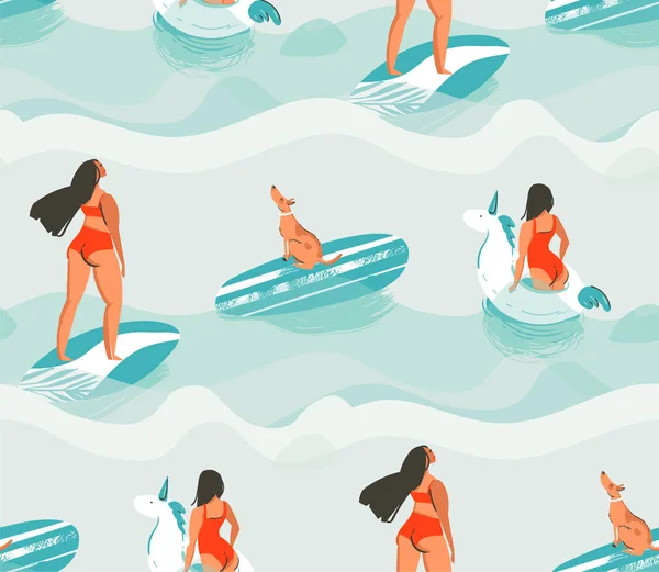 Vector dibujado a mano abstracto divertido verano tiempo tela patrón sin costuras con las niñas surfistas, natación círculo unicornio, lindo perro en tabla de surf aislado sobre fondo de ondas de agua azul — Vector de stock