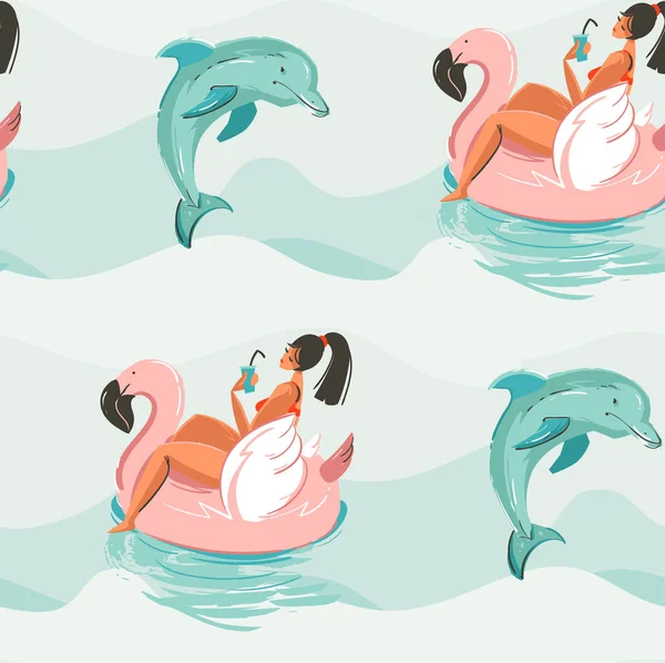 Pembe flamingo float daire ve Yunuslar mavi okyanus su yüzme plaj kızla el çizilmiş vektör soyut sevimli yaz saati Dikişsiz desen doku arka plan dalgalar