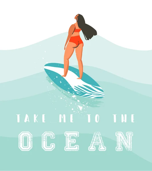 Hand getekende abstracte schattig zomertijd beach surfer girl vectorillustratie met rode bikini, surfplank en moderne kalligrafie citaat Breng me naar de oceaan geïsoleerd op blauwe Golf getextureerde achtergrond — Stockvector